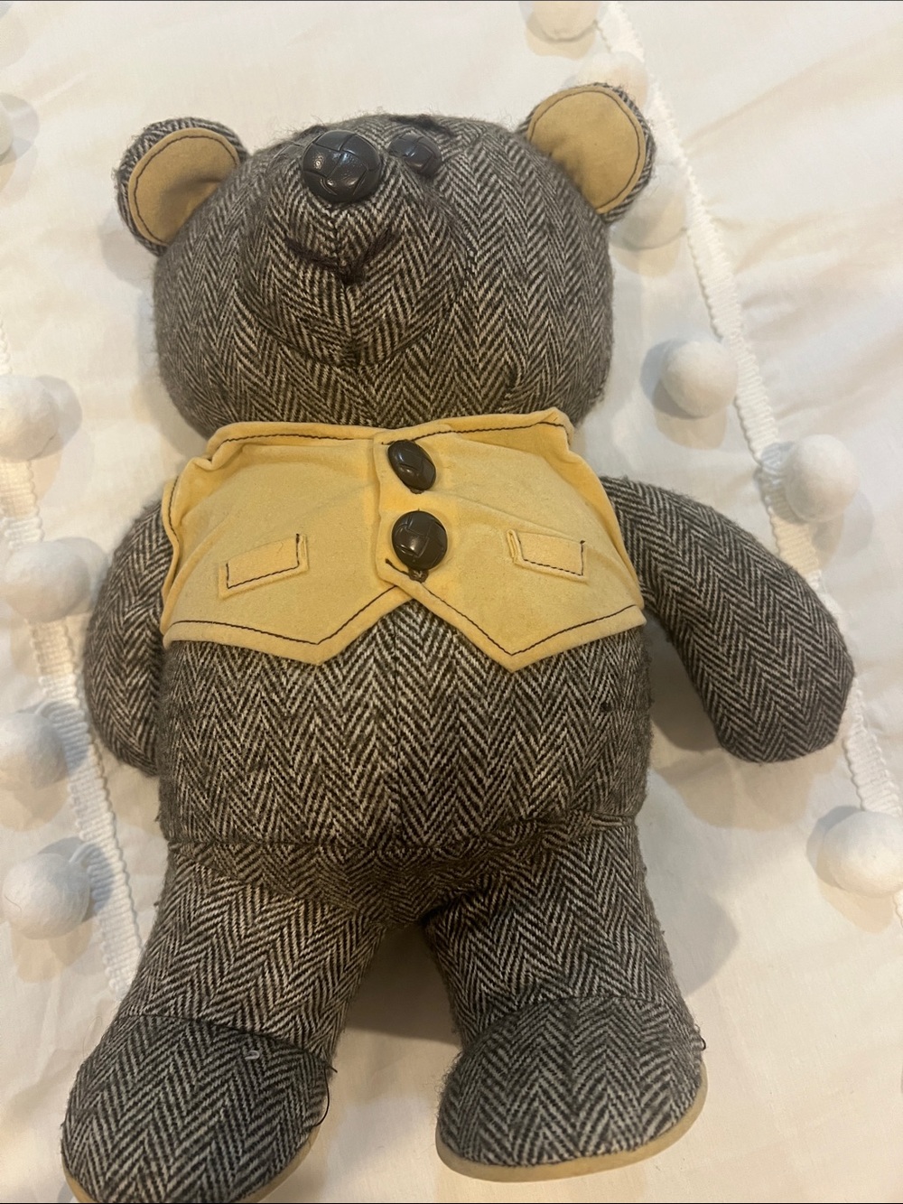 Dankin vintage 1984 Gray Herringbone Teddy Bear with Yellow Vest